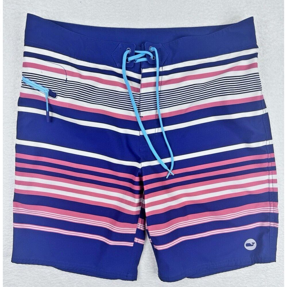 VINEYARD VINES Board Swim Shorts Trunks Pink Aqua Blue Striped 9" Drawstring 32.